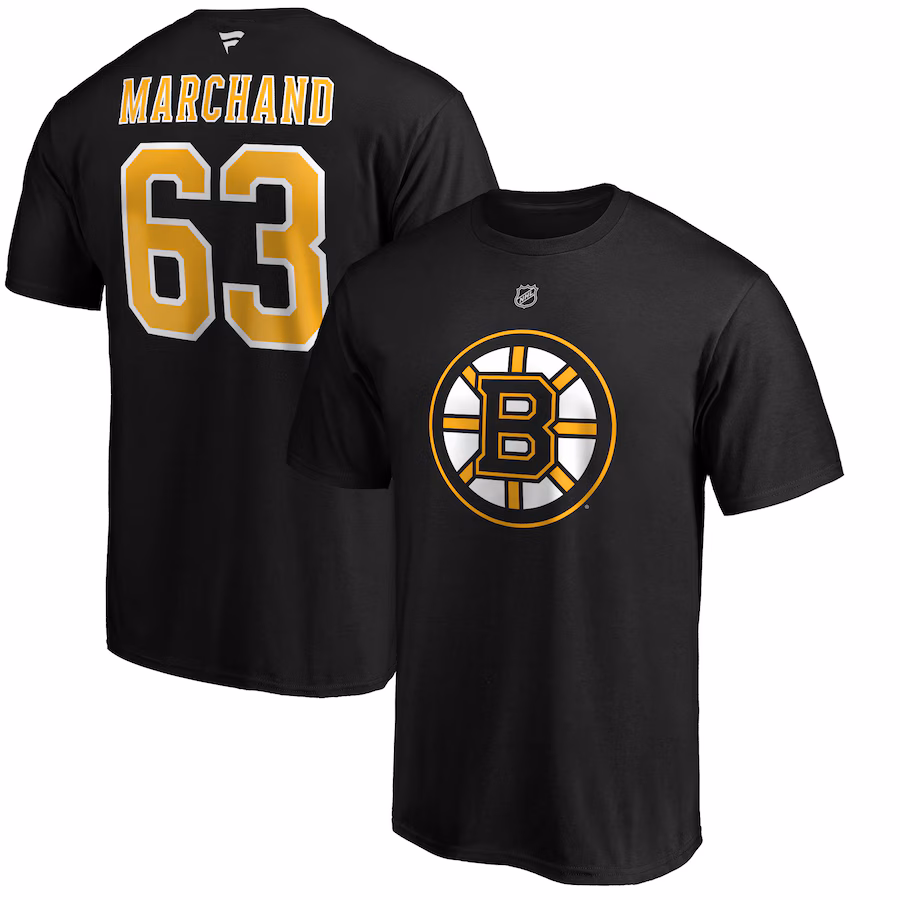 Men's Boston Bruins Brad Marchand Fanatics Black Team Authentic Stack Name & Number T-Shirt - Jersey
