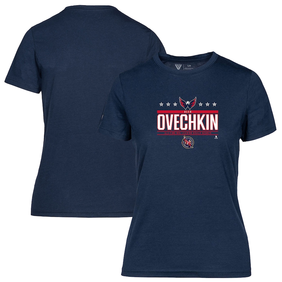 Women's Washington Capitals Alexander Ovechkin Levelwear Navy NHL All-Time Leading Goal Scorer Milestone Stars Name & Number Maddox T-Shirt - Jersey