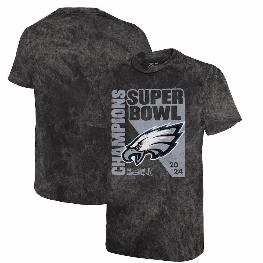 Men's Philadelphia Eagles Majestic Threads Black Super Bowl LIX Champions Mineral Wash T-Shirt - Jersey