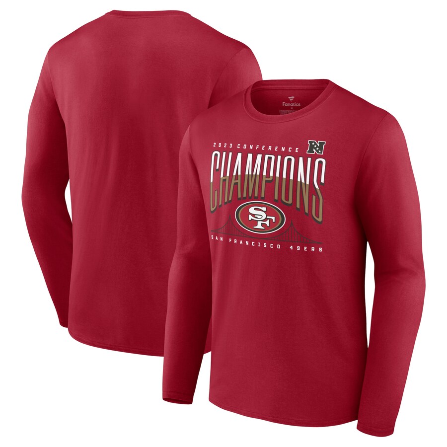 Men's San Francisco 49ers Fanatics Scarlet 2023 NFC Champions Hometown Not Done Long Sleeve T-Shirt - Jersey