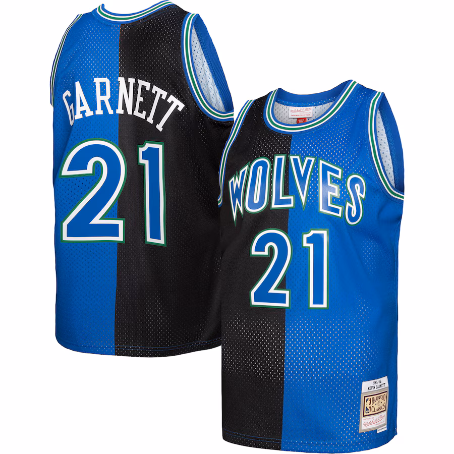 Men's Minnesota Timberwolves Kevin Garnett Mitchell & Ness Black/Blue Hardwood Classics 1995/96 Split Swingman Jersey - Jersey