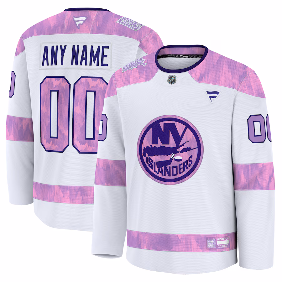 Men's New York Islanders Fanatics White 2024 Hockey Fights Cancer Custom Practice Jersey - Jersey