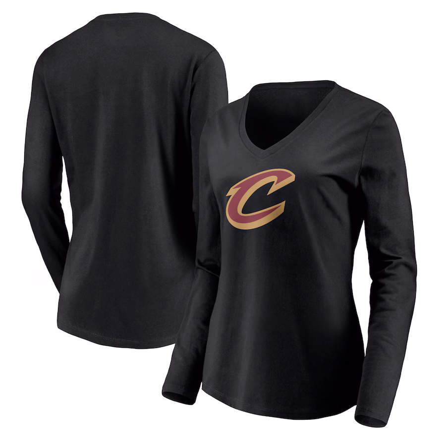 Women's Cleveland Cavaliers Black Primary Logo Team Long Sleeve V-Neck T-Shirt - Jersey