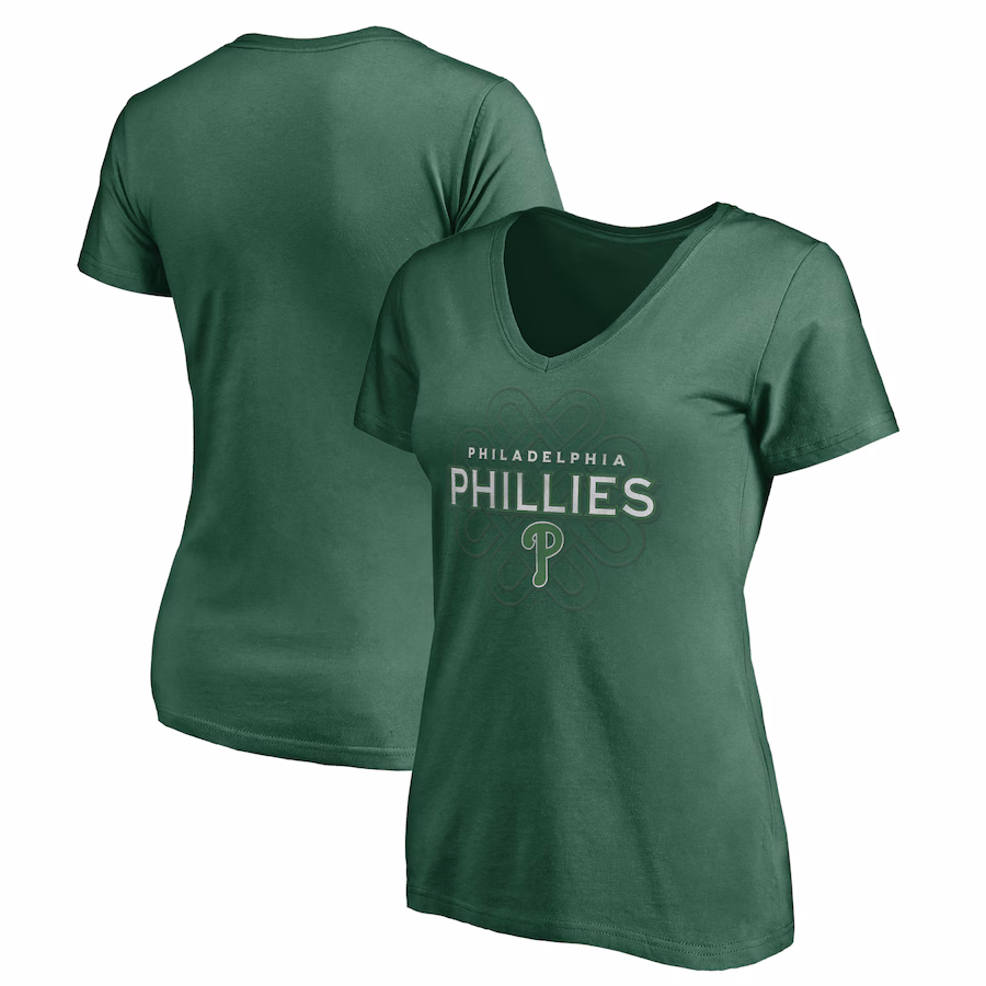 Women's Philadelphia Phillies Green Team Logo Celtic Knot V-Neck T-Shirt - Jersey