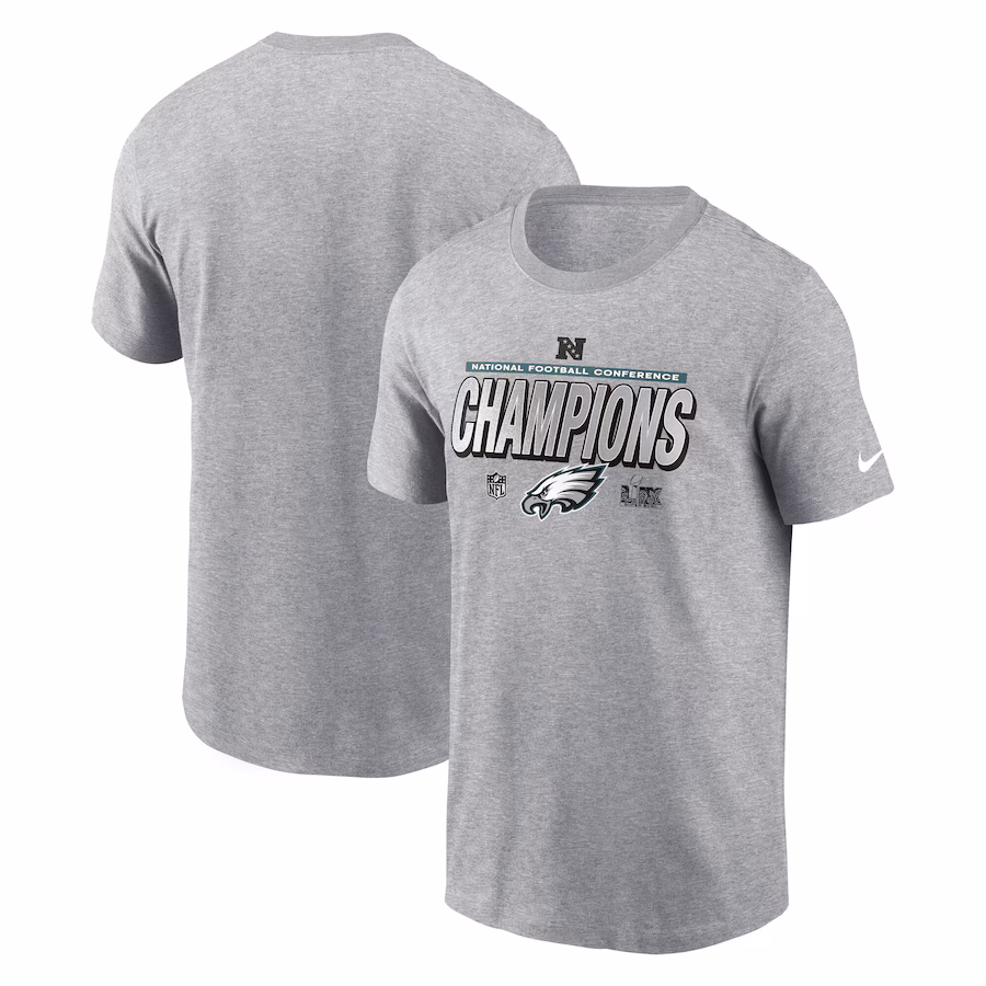 Men's Philadelphia Eagles  Nike Heather Gray 2024 NFC Champions Locker Room Trophy Collection Extended Sizes T-Shirt - Jersey