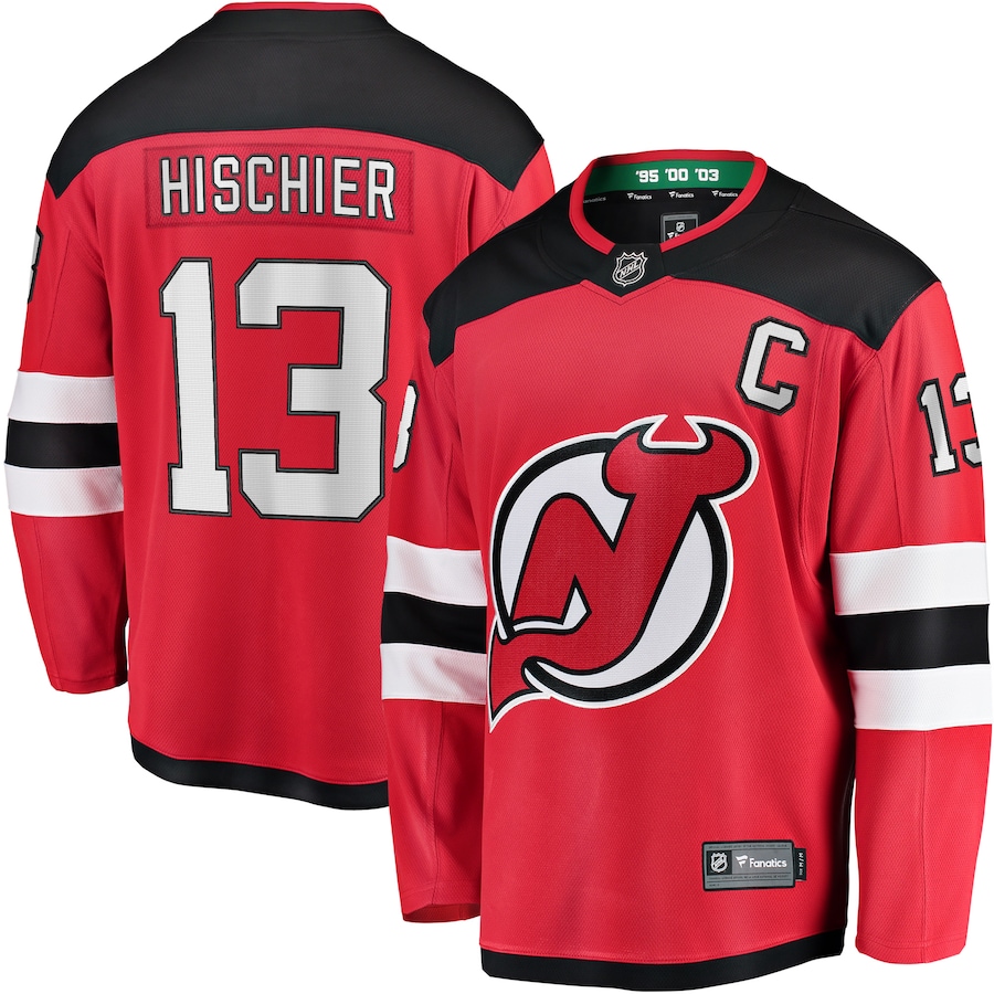 Men's New Jersey Devils Nico Hischier Fanatics Red Captain Patch Home Breakaway Jersey - Jersey