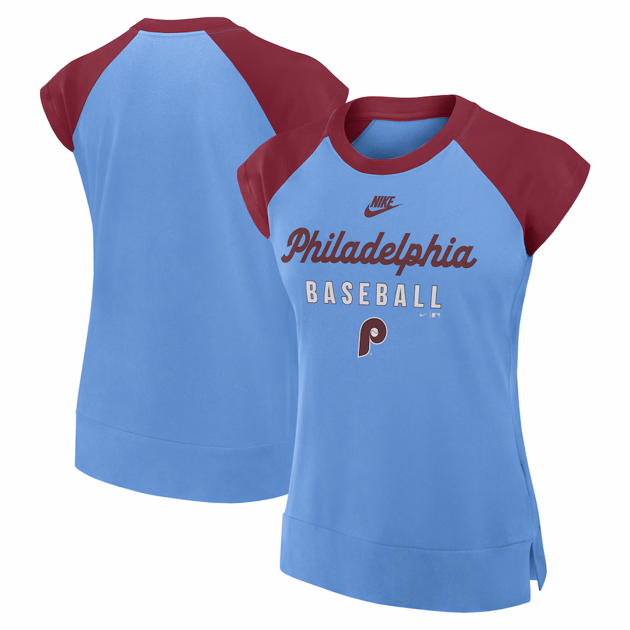 Women's Philadelphia Phillies Nike Light Blue/Burgundy Cooperstown Collection Raglan Performance T-Shirt - Jersey