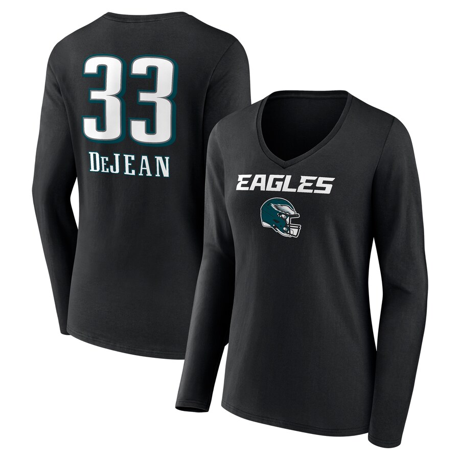 Women's  Philadelphia Eagles Cooper DeJean Black Team Wordmark Name & Number Long Sleeve V-Neck T-Shirt - Jersey