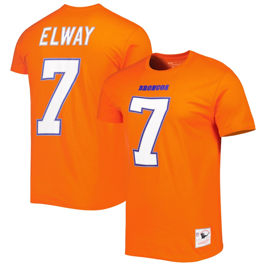 Men's Denver Broncos John Elway Mitchell & Ness Orange Retired Player Logo Name & Number T-Shirt - Jersey
