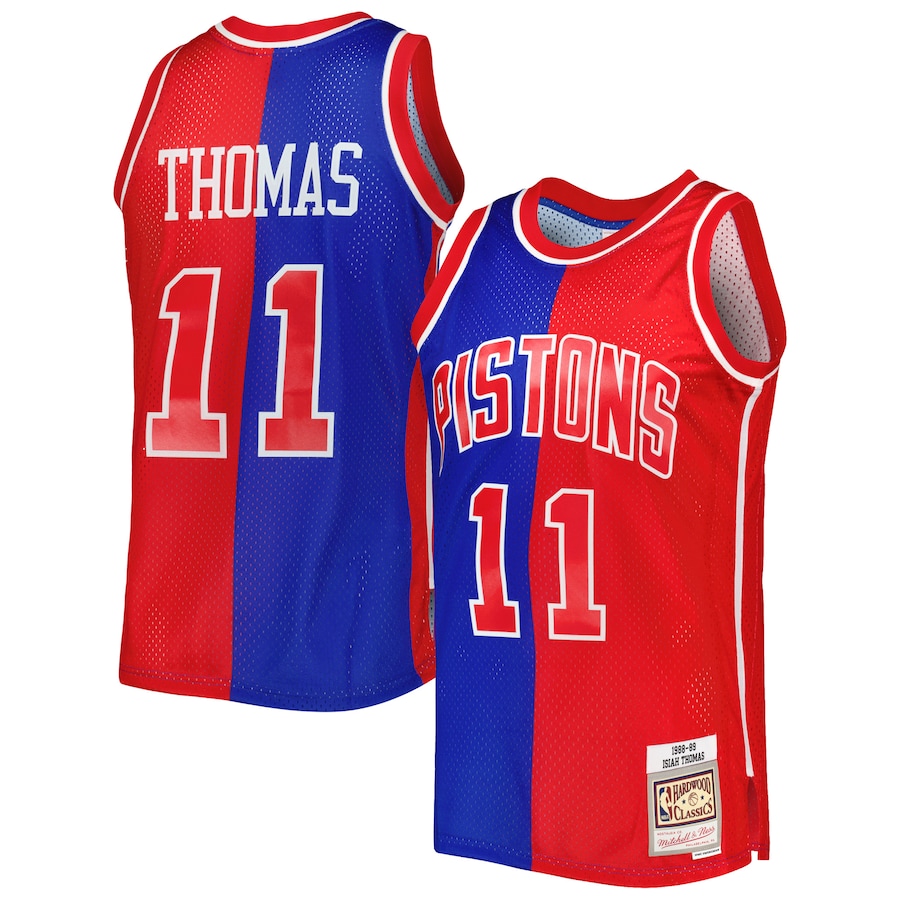 Men's Detroit Pistons Isiah Thomas Mitchell & Ness Blue/Red Hardwood Classics 1988/89 Split Swingman Jersey - Jersey