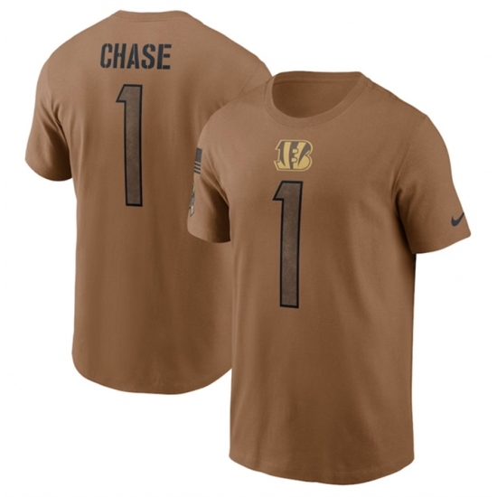 Men's Cincinnati Bengals #1 JaMarr Chase 2023 Brown Salute To Service T Shirt - Jersey
