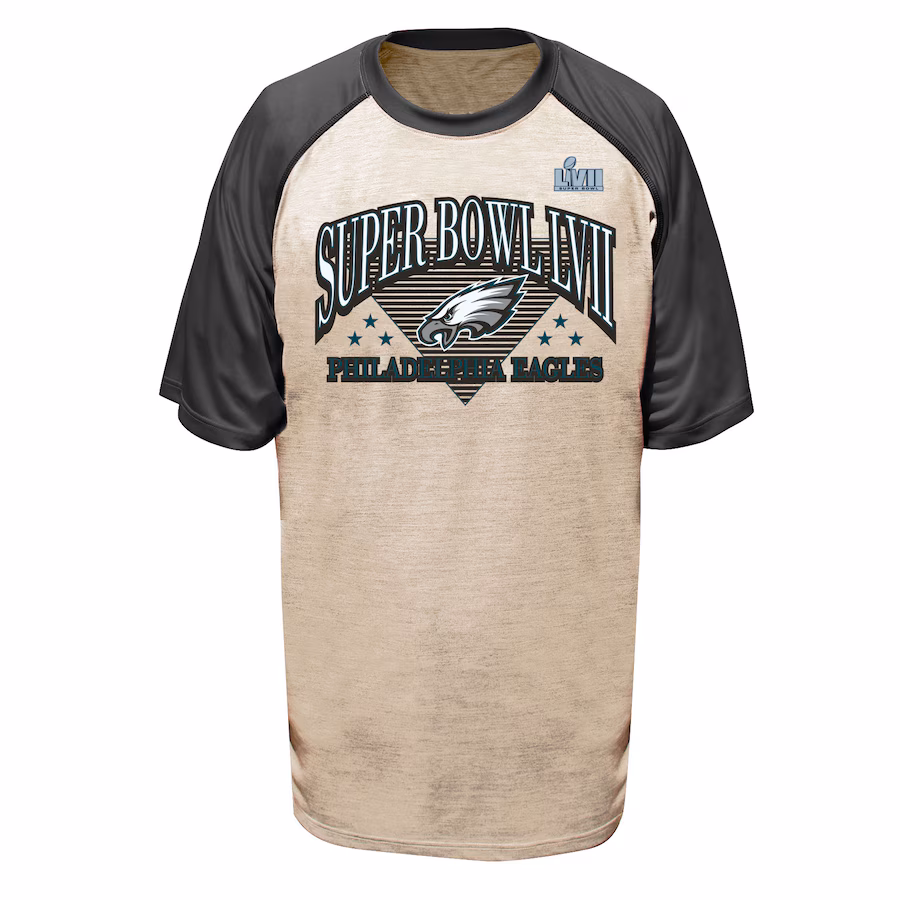 Men's Philadelphia Eagles Fanatics Oatmeal/Heather Charcoal Super Bowl LVII Triangle Strategy Raglan Big & Tall T-Shirt - Jersey