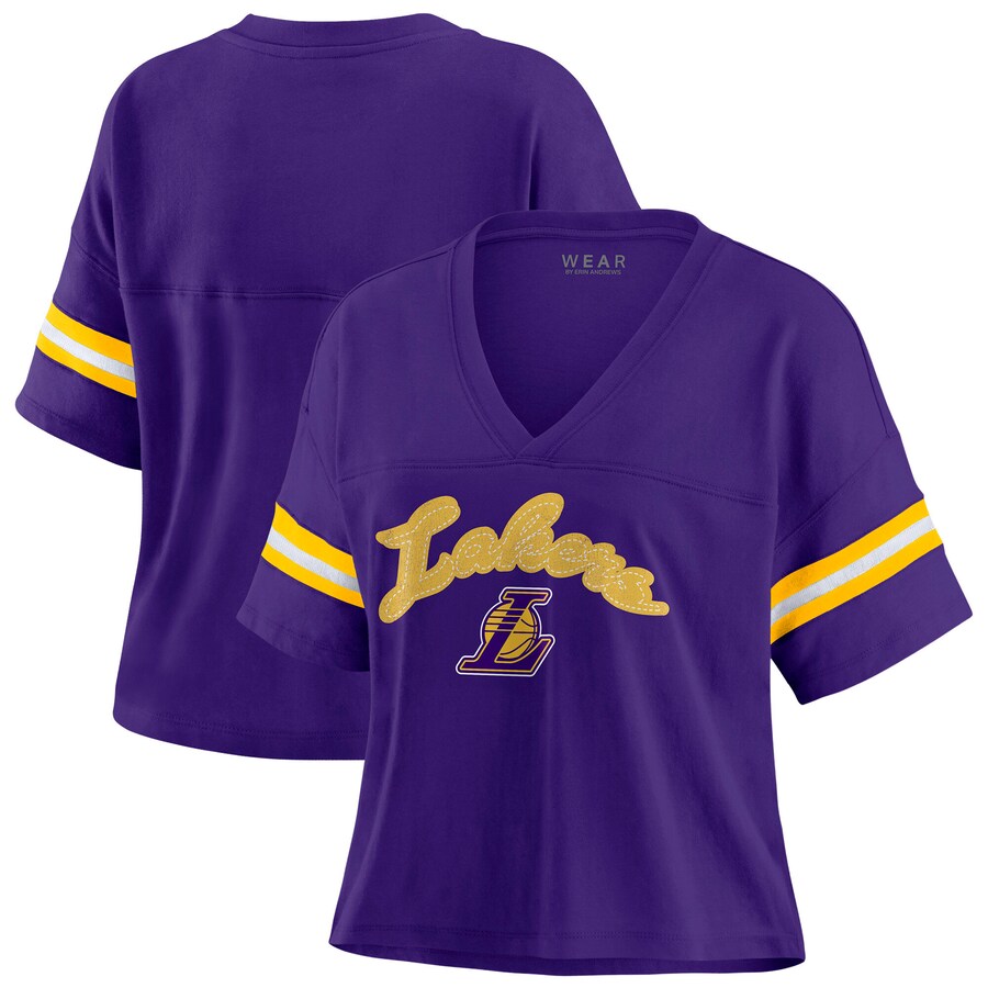 Women's Los Angeles Lakers WEAR by Erin Andrews Purple Color Block Boxy V-Neck T-Shirt - Jersey