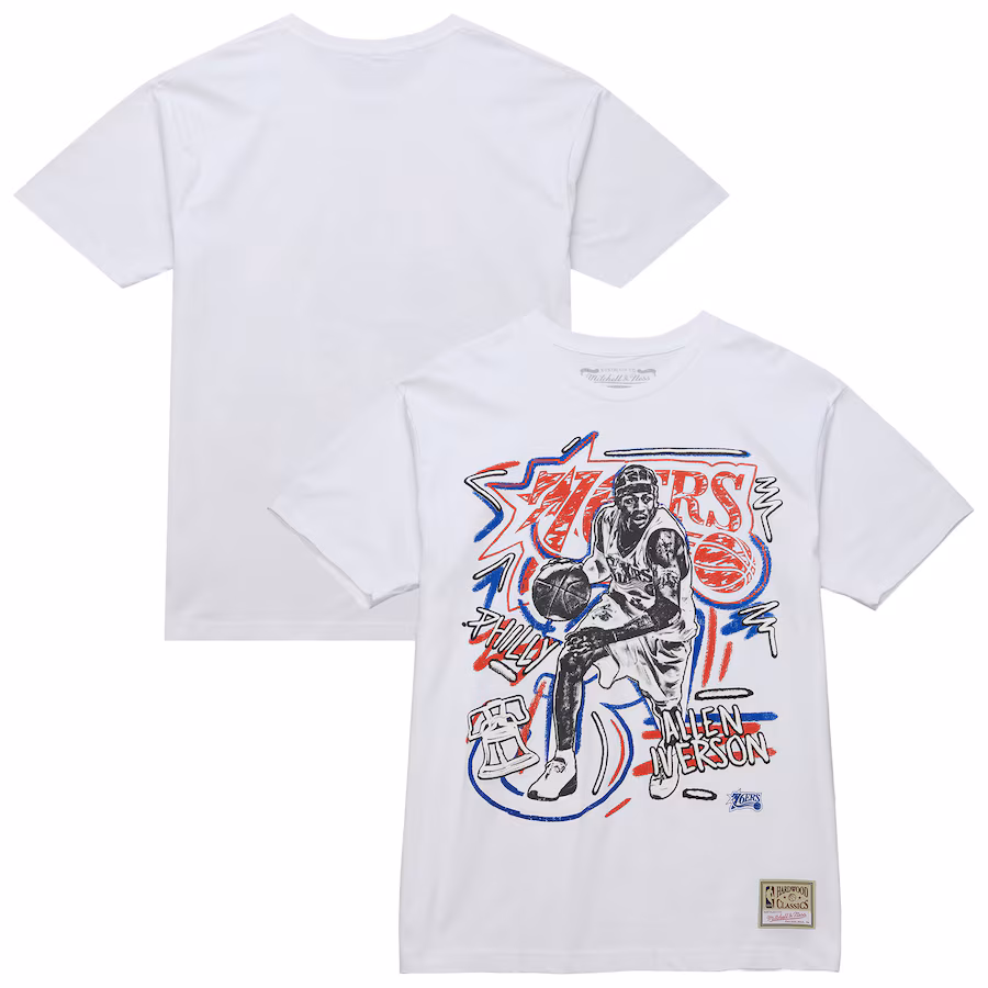 Men's Philadelphia 76ers Allen Iverson Mitchell & Ness White Hardwood Classics Chalked Up T-Shirt - Jersey