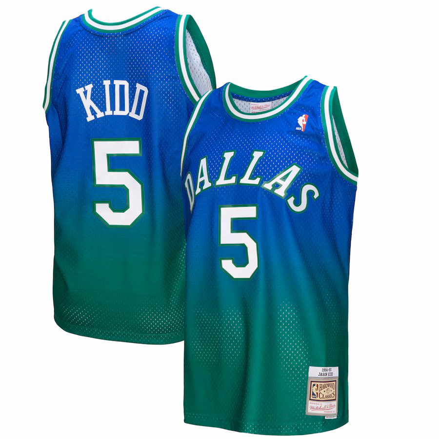 Men's Dallas Mavericks Jason Kidd Mitchell & Ness Green/Navy 1994/95 Hardwood Classics Fadeaway Swingman Player Jersey - Jersey