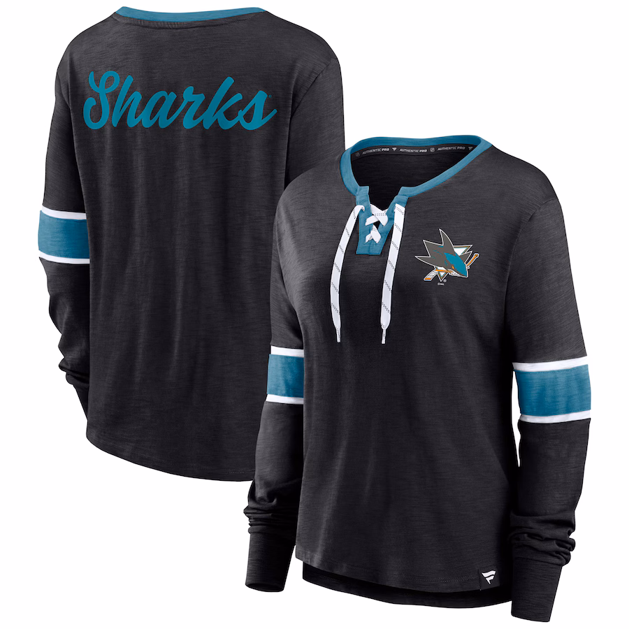 Women's San Jose Sharks Fanatics Black Effervescent Exclusive Lace-Up Long Sleeve T-Shirt - Jersey