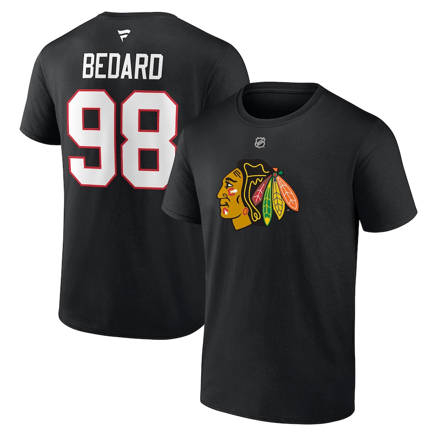 Men's Chicago Blackhawks Connor Bedard Fanatics Black 2023 NHL Draft Authentic Stack Player Name & Number T-Shirt - Jersey
