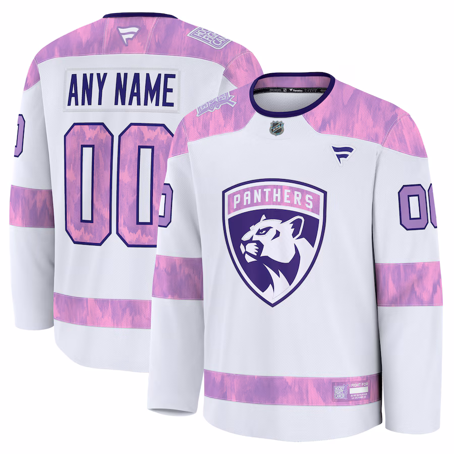 Men's Florida Panthers Fanatics White 2024 Hockey Fights Cancer Custom Practice Jersey - Jersey