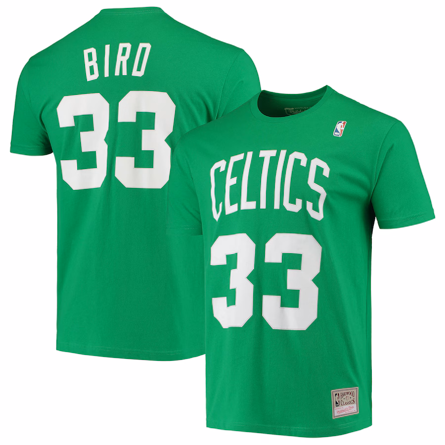 Men's Boston Celtics Larry Bird Mitchell & Ness Kelly Green Hardwood Classics Stitch Name & Number T-Shirt - Jersey