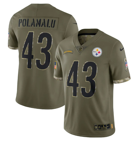 Men's Pittsburgh Steelers #43 Troy Polamalu 2022 Olive Salute To Service Limited Stitched Jersey - Jersey