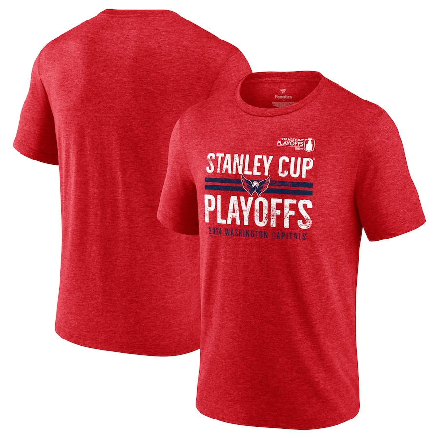 Men's Washington Capitals Fanatics Heather Red 2024 Stanley Cup Playoffs Crossbar Tri-Blend T-Shirt - Jersey