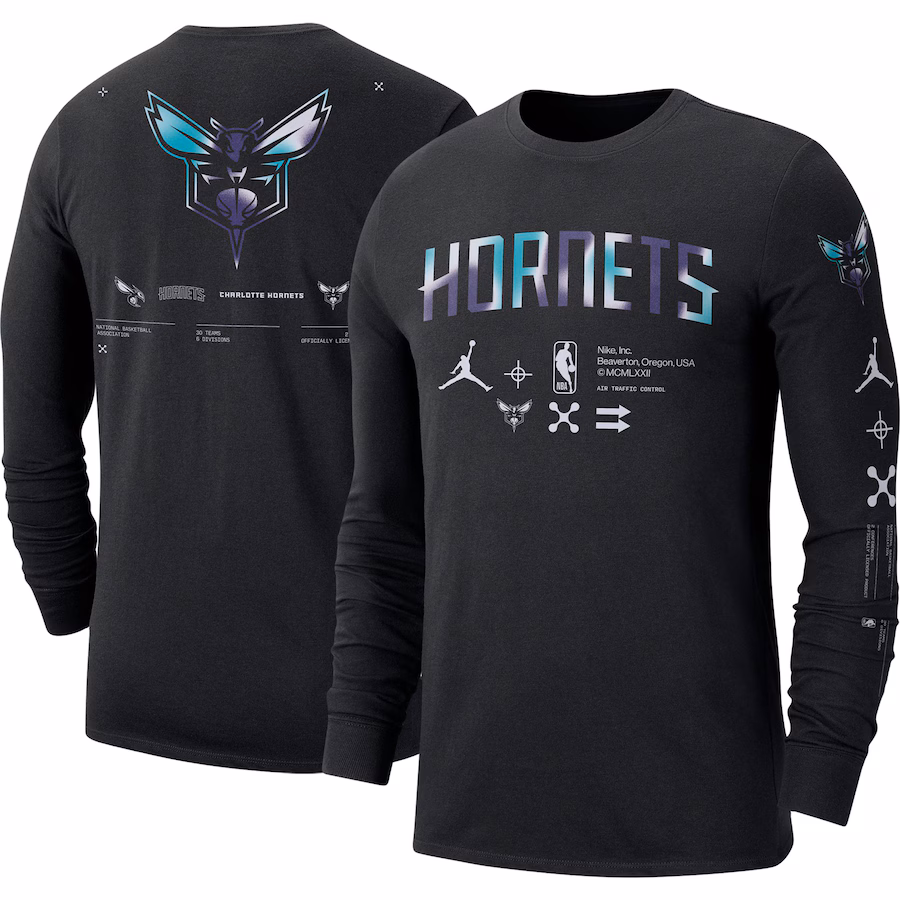 Men's Charlotte Hornets Jordan Brand Black Essential Air Traffic Control Long Sleeve T-Shirt - Jersey