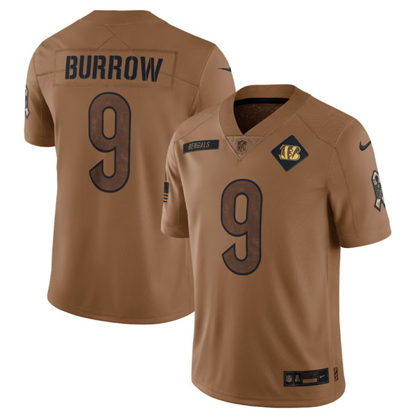 Men's Cincinnati Bengals #9 Joe Burrow 2023 Brown Salute To Service Limited Football Stitched Jersey - Jersey