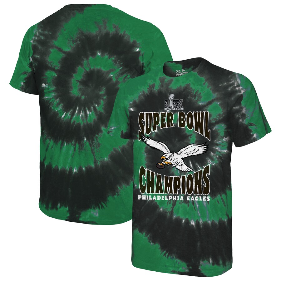 Men's Philadelphia Eagles  Majestic Threads Kelly Green/Black Super Bowl LIX Champions Hard Count Retro Spiral Tie-Dye T-Shirt - Jersey