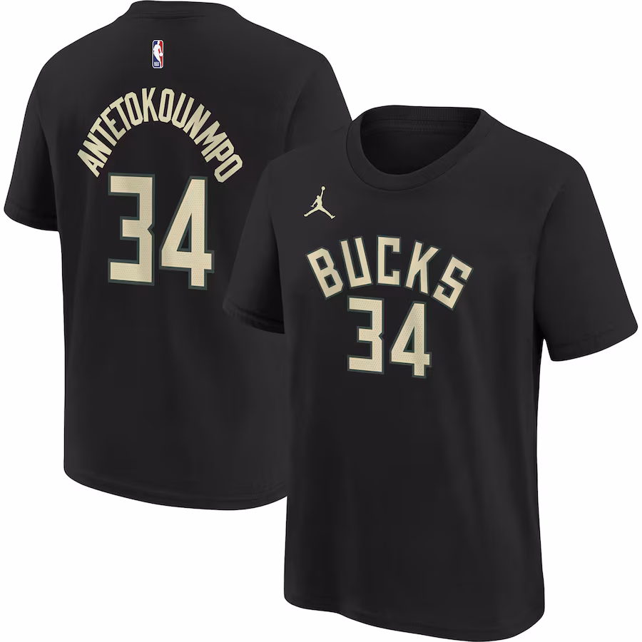 Youth Milwaukee Bucks Giannis Antetokounmpo Jordan Brand Black Statement Edition Name & Number Player T-Shirt - Jersey