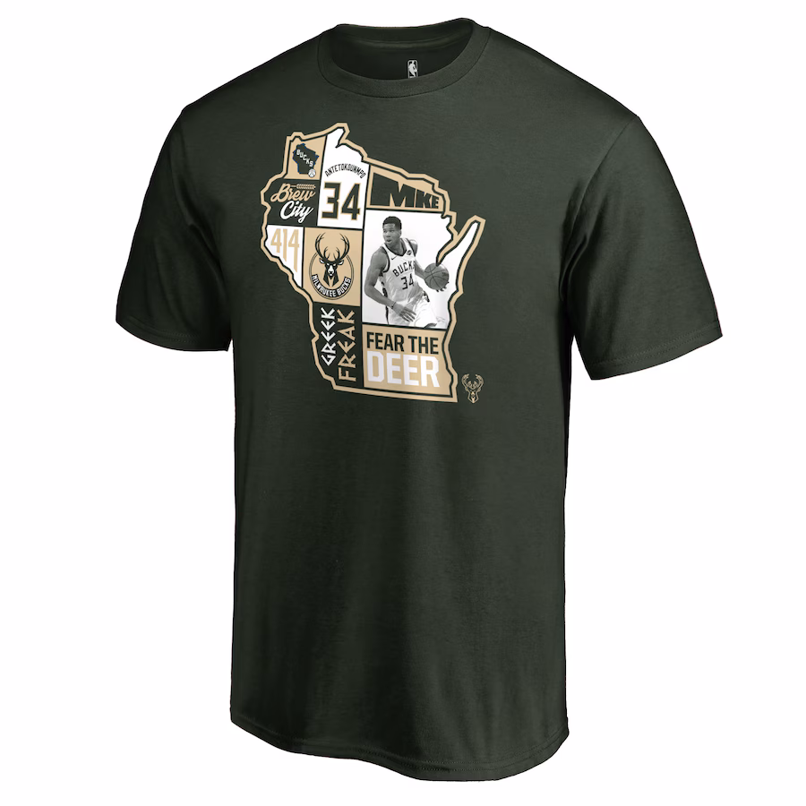 Men's Milwaukee Bucks Giannis Antetokounmpo Hunter Green Player State T-Shirt - Jersey