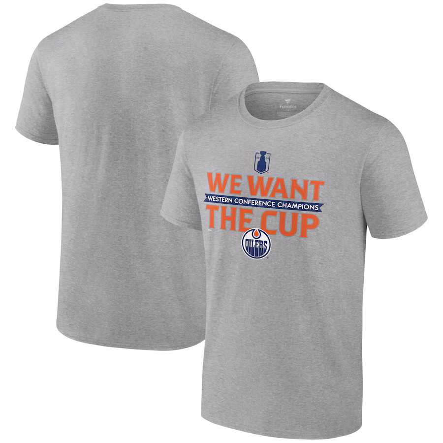 Men's Edmonton Oilers Fanatics Steel 2024 Western Conference Champions We Want The Cup T-Shirt - Jersey