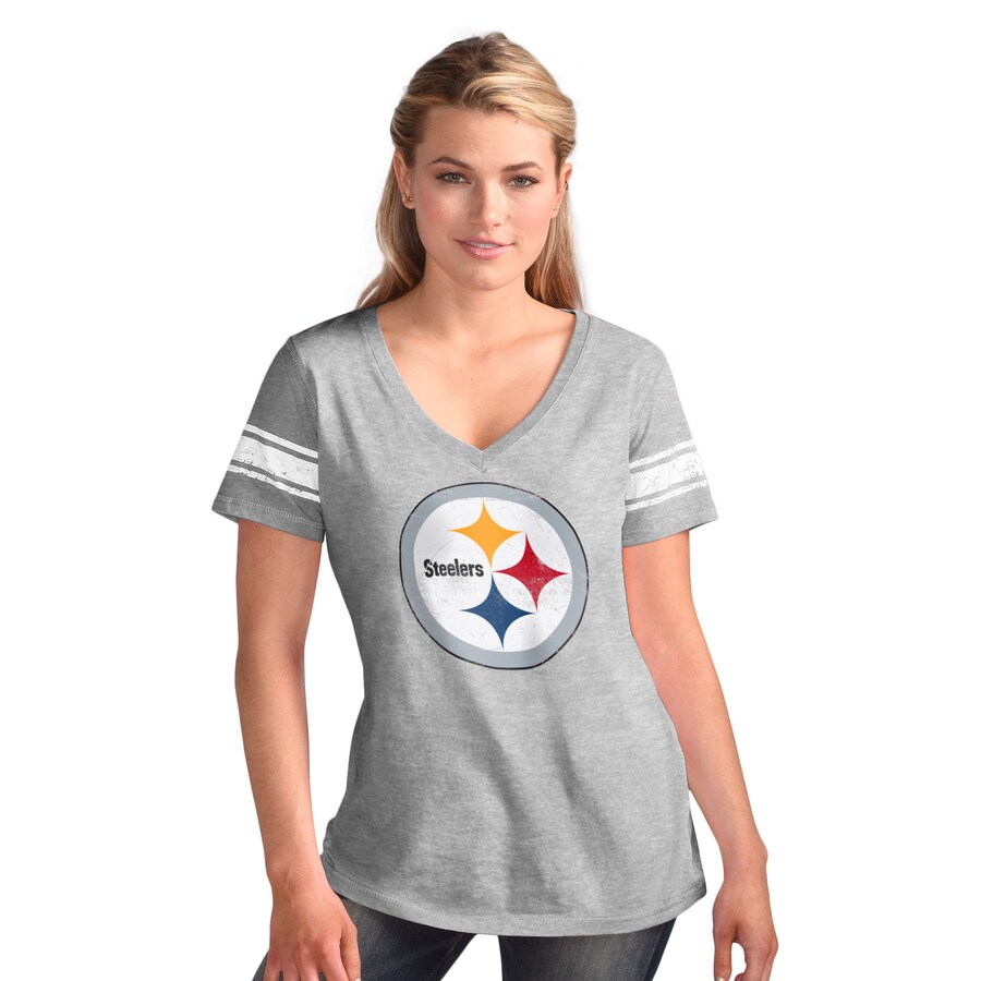 Women's Pittsburgh Steelers  G-III 4Her by Carl Banks Heather Gray First Pick Distressed V-Neck T-Shirt - Jersey