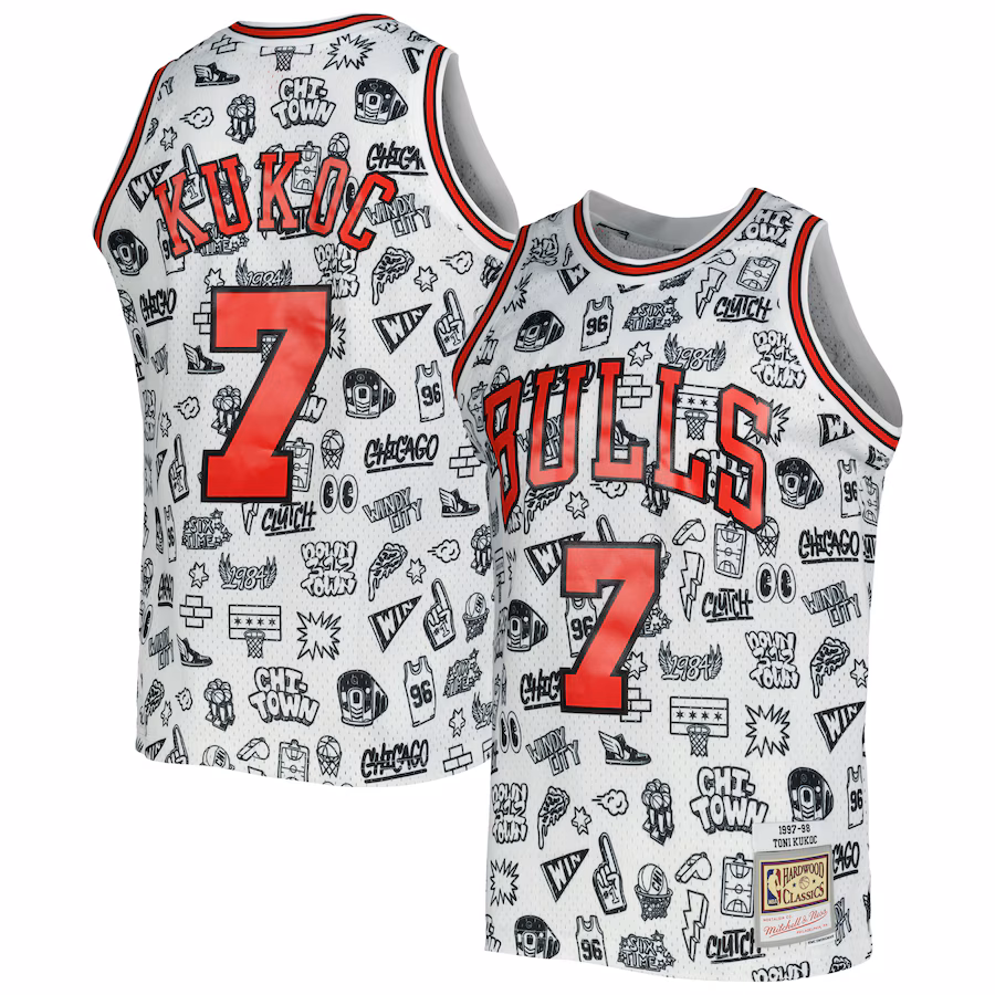 Men's Chicago Bulls Toni Kukoc Mitchell & Ness White 1997/98 Hardwood Classics Doodle Swingman Jersey - Jersey