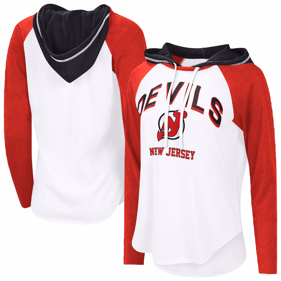 Women's New Jersey Devils G-III 4Her by Carl Banks White VIP Raglan Long Sleeve Hoodie T-Shirt - Jersey