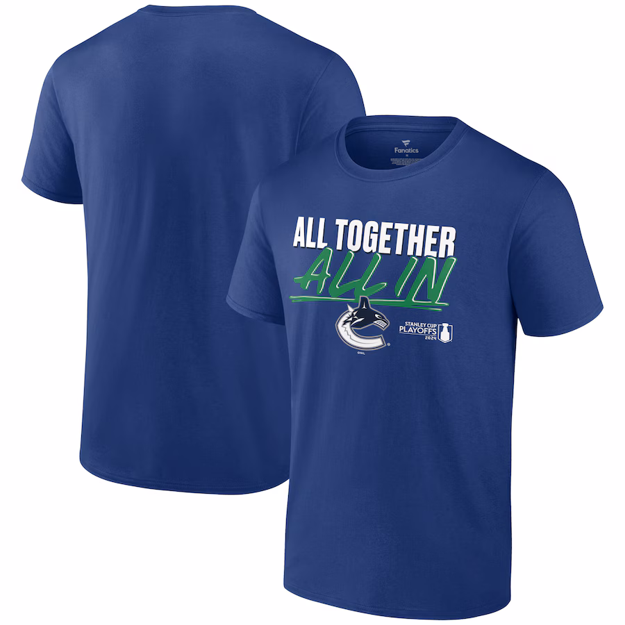 Men's Vancouver Canucks Fanatics Blue 2024 Stanley Cup Playoffs Slogan T-Shirt - Jersey