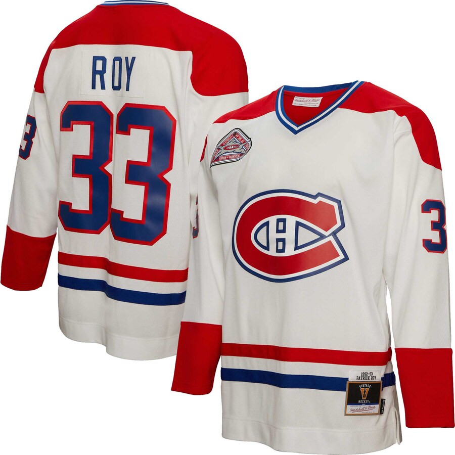Men's Montreal Canadiens Patrick Roy Mitchell & Ness White 1992/93  Blue Line Player Jersey - Jersey