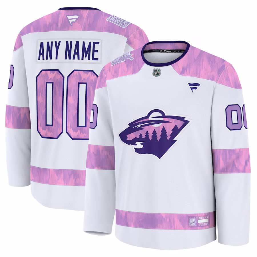 Men's Minnesota Wild Fanatics White 2024 Hockey Fights Cancer Custom Practice Jersey - Jersey