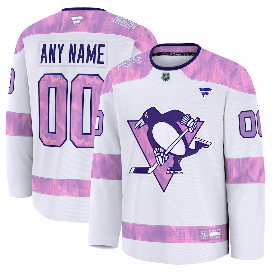 Men's Pittsburgh Penguins Fanatics White 2024 Hockey Fights Cancer Custom Practice Jersey - Jersey
