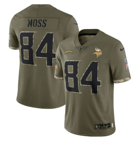 Men's Minnesota Vikings #84 Randy Moss 2022 Olive Salute To Service Limited Stitched Jersey - Jersey