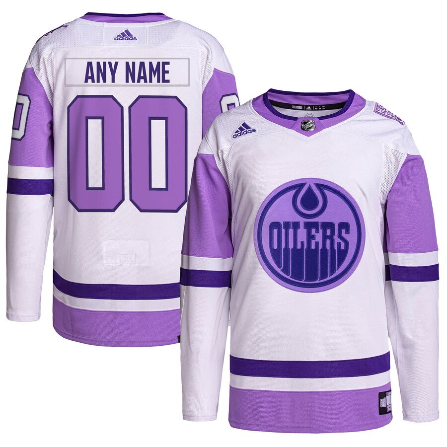 Men's Edmonton Oilers adidas White/Purple Hockey Fights Cancer Primegreen Authentic Custom Jersey - Jersey