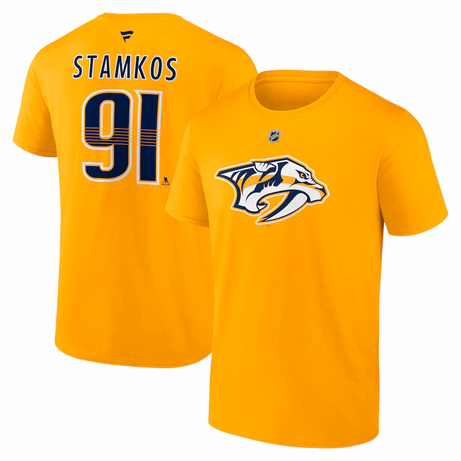 Men's Nashville Predators Steven Stamkos Fanatics Gold Authentic Stack Name & Number T-Shirt - Jersey