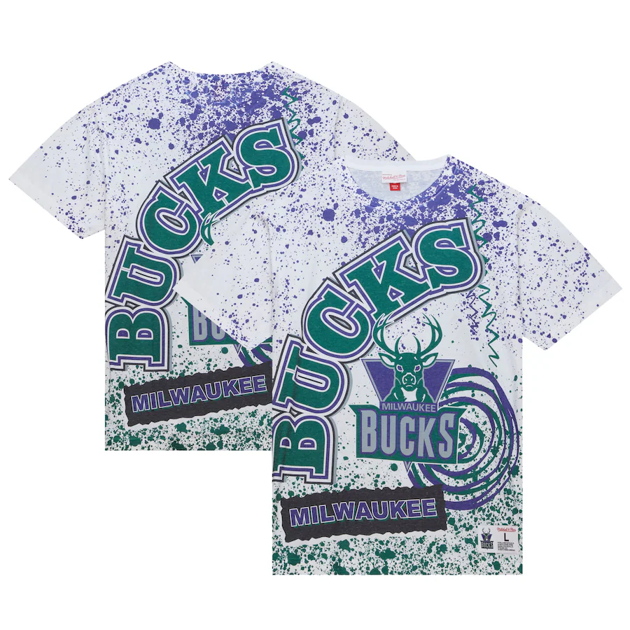 Men's Milwaukee Bucks  Mitchell & Ness White Team Burst Sublimated T-Shirt - Jersey