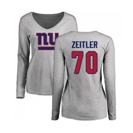 Football Women's New York Giants #70 Kevin Zeitler Ash Name & Number Logo Long Sleeve T-Shirt - Jersey