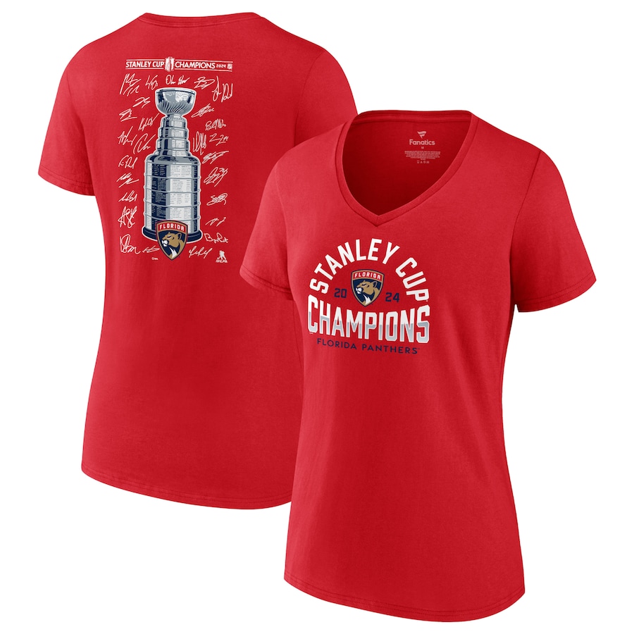 Women's Florida Panthers Fanatics Red 2024 Stanley Cup Champions Signature Roster V-Neck T-Shirt - Jersey