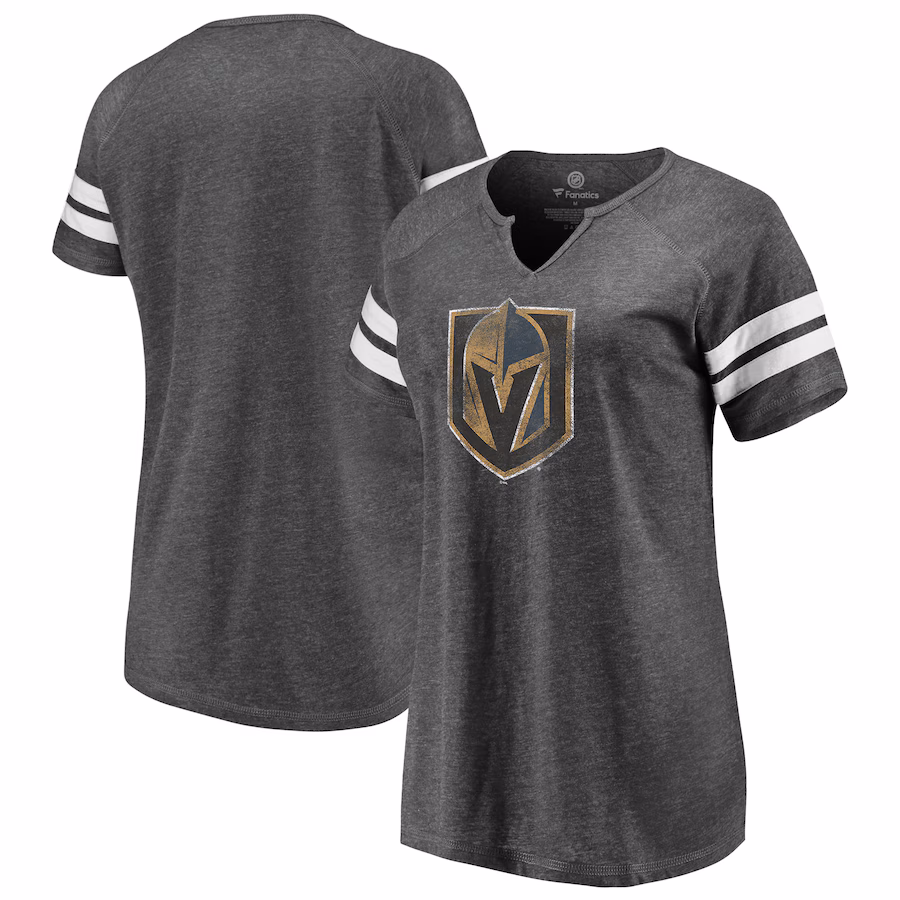 Women's Vegas Golden Knights Fanatics Heather Charcoal Distressed Logo Notch Neck T-Shirt - Jersey