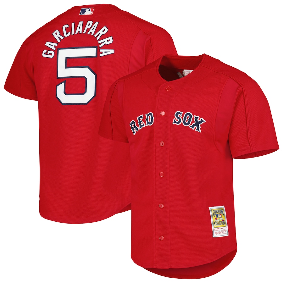 Men's Boston Red Sox Nomar Garciaparra Mitchell & Ness Red Cooperstown Collection Mesh Batting Practice Button-Up Jersey - Jersey