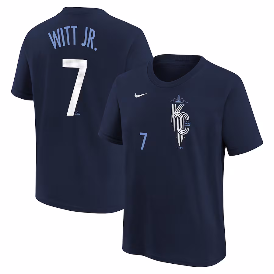 Youth Kansas City Royals Bobby Witt Jr. Nike Navy Fuse City Connect Name & Number T-Shirt - Jersey