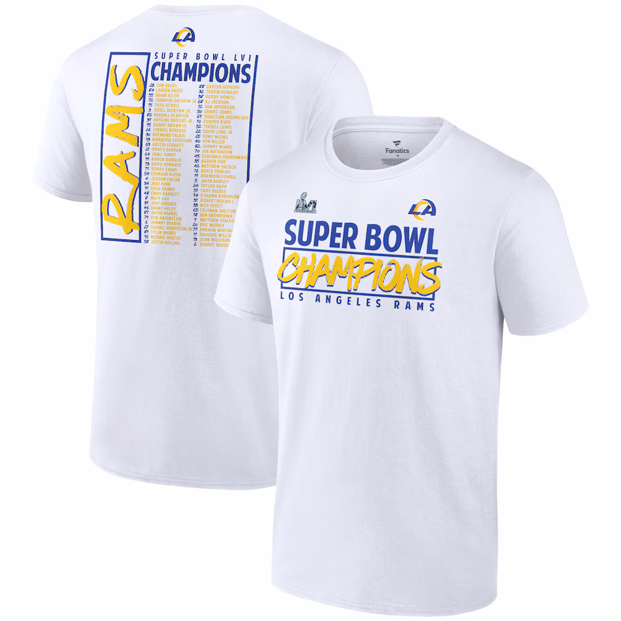 Men's Los Angeles Rams Fanatics White Super Bowl LVI Champions Stacked Roster T-Shirt - Jersey