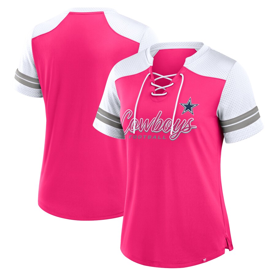 Women's Dallas Cowboys Fanatics Pink Play Script Lace-Up T-Shirt - Jersey