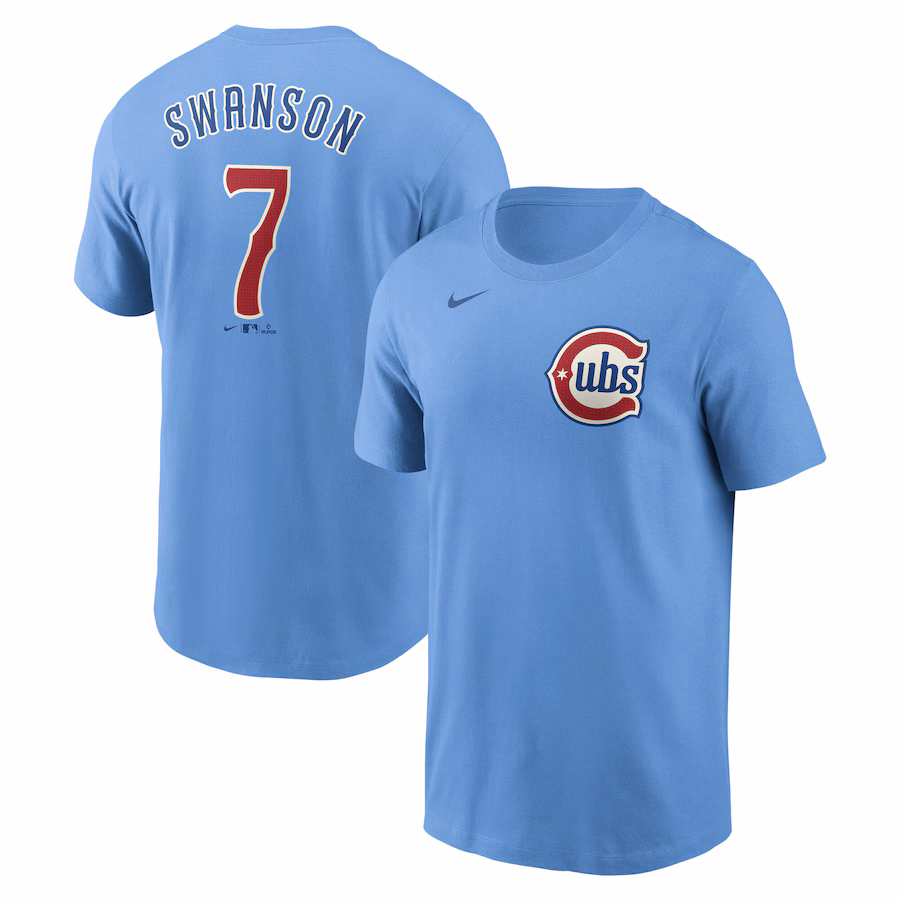 Men's Chicago Cubs Dansby Swanson Nike Baby Blue Fuse Name & Number T-Shirt - Jersey